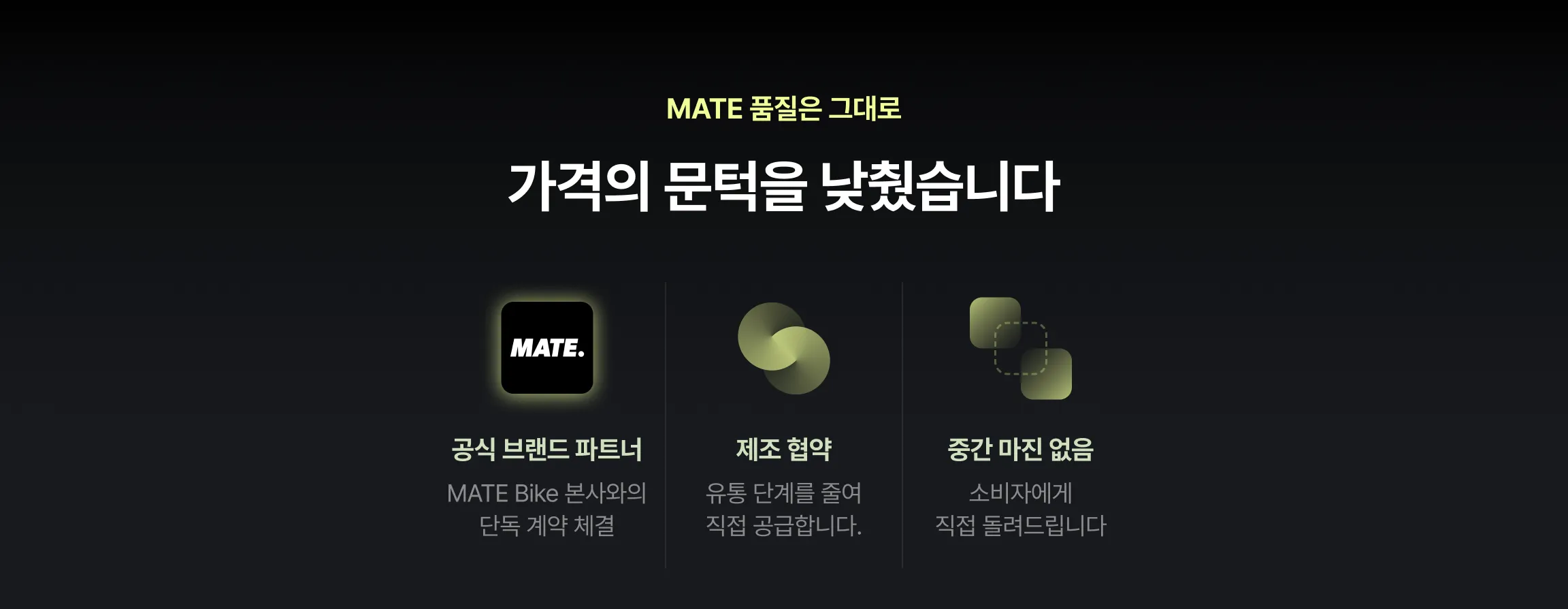 MATE 품질은 그대로, 가격의 문턱을 낮췄습니다 - 공식 브랜드 파트너(MATE Bike 본사와의 단독 계약 체결), 제조 협약(유통 단계를 줄여 직접 공급), 중간 마진 없음(소비자에게 직접 들려드립니다)