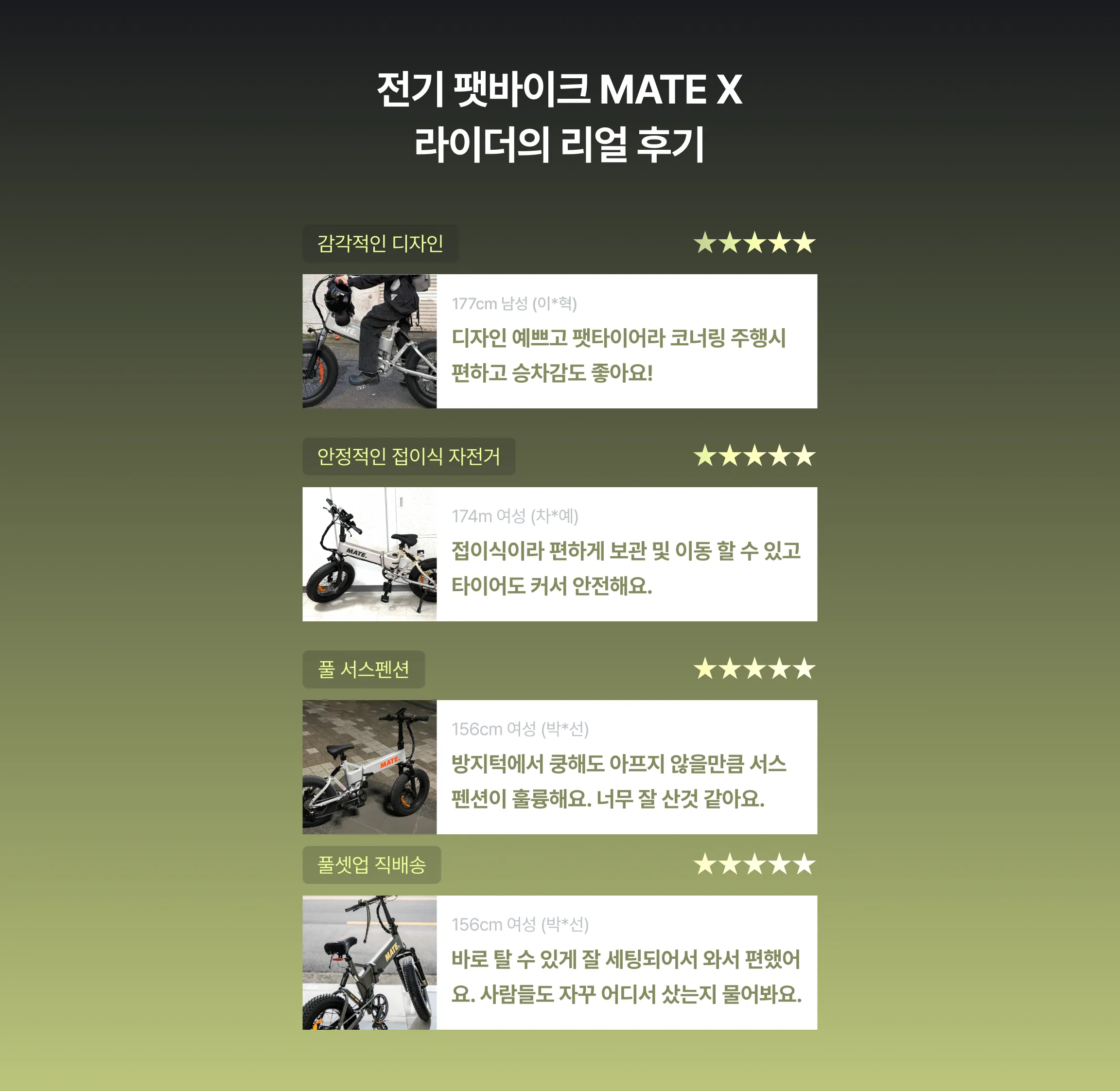 전기 팻바이크 MATE X 라이더의 리얼 후기 5점 만점 - 감각적인 디자인, 안정적인 접이식 자전거, 풀 서스펜션, 풀셋업 직배송