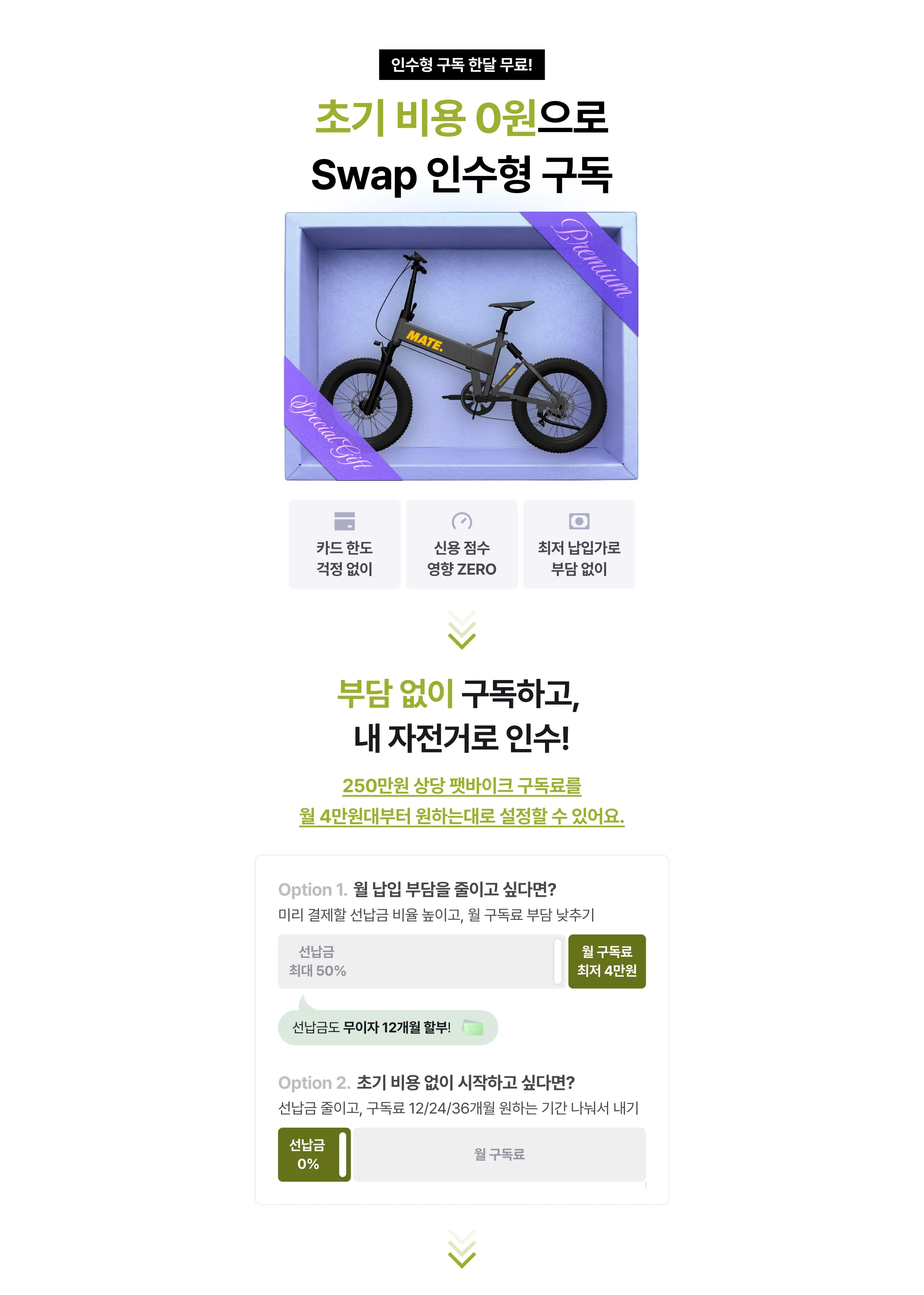 인수형 구독 한달 무료 - 초기 비용 0원으로 Swap 인수형 구독, 카드 한도 걱정 없이 신용 점수 영향 ZERO, 최저 납입가로 부담 없이. 250만원 상당 팻바이크를 월 4만원대부터 원하는 대로 설정 (Option 1: 월 납입 부담 줄이기 - 선납금 50% 시 월 구독료 최저 4만원, Option 2: 초기 비용 없이 시작 - 선납금 0%로 12/24/36개월 약정)